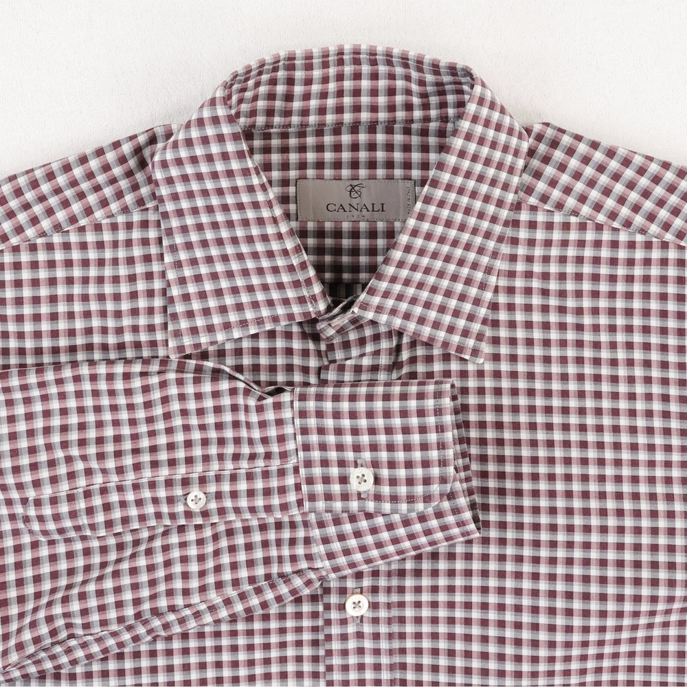 Canali 1934 Button Down Shirt Mens M Burgundy Grey Micro Check Made in Italy